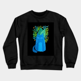 Cat and foliage - blue and green and black Crewneck Sweatshirt